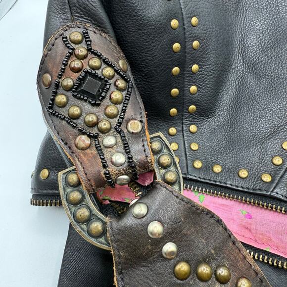 Vintage Y2K Betsey Johnson Black Leather Gold Toned Studded & Beaded Hobo Bag - Picture 6 of 14